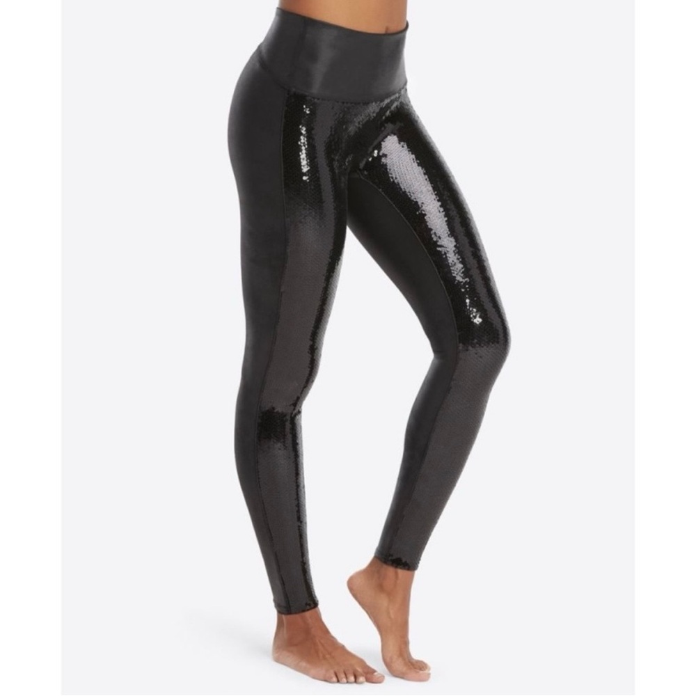 Spanx Womens Small Black‎ Faux Leather Sequin Front High Rise Leggings